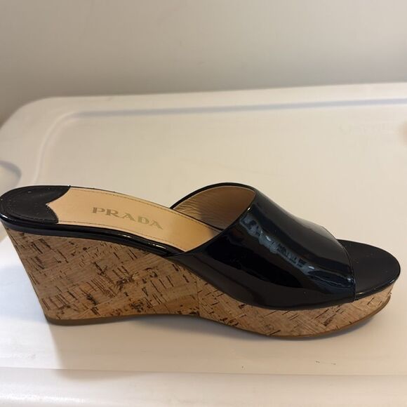 Prada Black Patent Leather Cork Wedge Platform Mule. Size 38 IT. - Picture 3 of 10